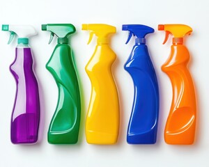 Brightly colored cleaning product bottles in green, orange, blue, purple, and yellow, arranged against a clean white background