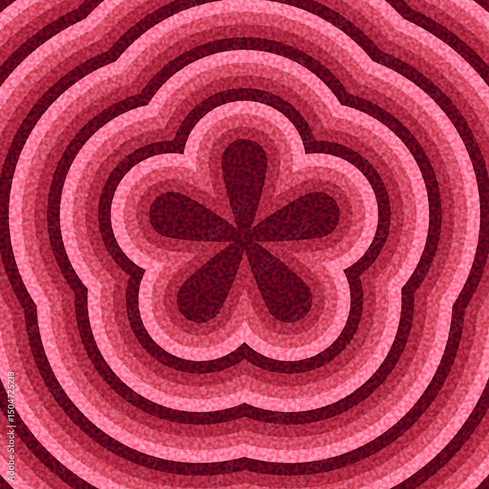 Poster petal-shaped asterisk icon centered in pink and red ripple layers. vector illustration with abstract