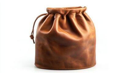 Brown leather drawstring pouch mockup, designed for practical use, isolated on a white background