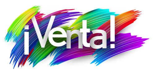 Colorful vector illustration with the Spanish word for sale. Includes vibrant paint strokes and bold typography. Spanish language concept.
