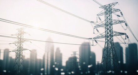 Urban electricity network with multiple power pylons against a city skyline. Grid of power lines and big city in blur effect.
