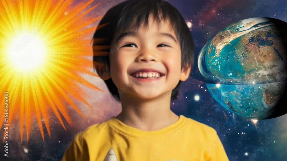 Poster a happy child standing in front of a vibrant and playful background, ideal for illustrations, design