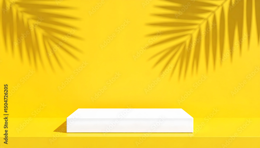 Poster 3d render mockup podium stand table shelf. yellow abstract background. palm tree
