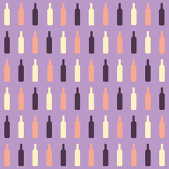 Pattern created from red, rose and white wine bottles on a purple background