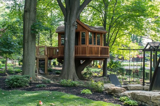 Wooden treehouse playhouse in a garden setting