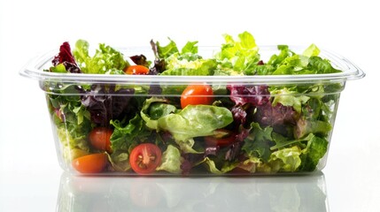 Clear plastic food container filled with vibrant, freshly prepared salad, reflections shimmering from a sleek glass table.