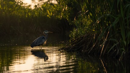 Majestic Great Blue Heron at Sunset in Wetland