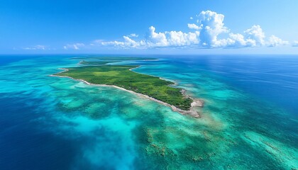 Aerial view of a tropical island paradise with clear turquoise water and lush greenery