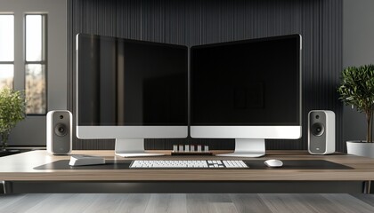 Sleek workstation setup featuring dual monitors, audio speakers, and modern aesthetics