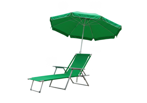 Green beach chair and umbrella vacation relaxation summer getaway on transparent background