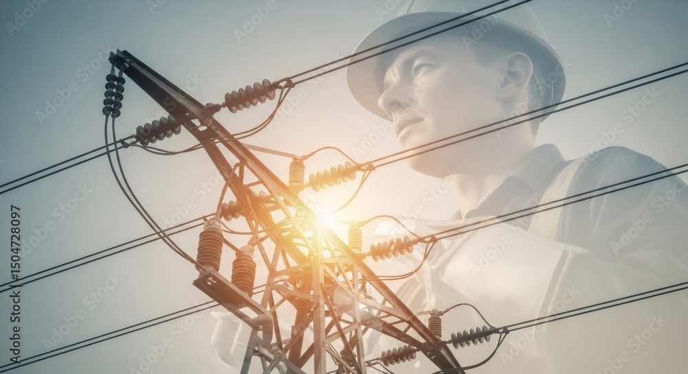 Poster electric power lines and pylons with sunlight. double exposure of an engineer man thinking about eng
