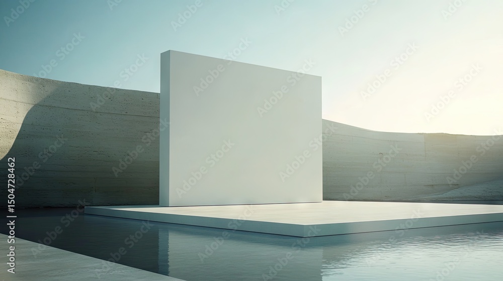 Poster empty white architectural display platform with water feature.