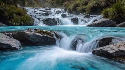 Fototapeta premium Serene Turquoise Waterfall Cascading Over Smooth Rocks in Lush Green Nature
