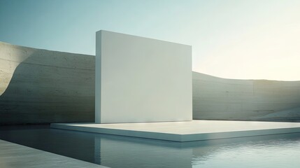Empty white architectural display platform with water feature.