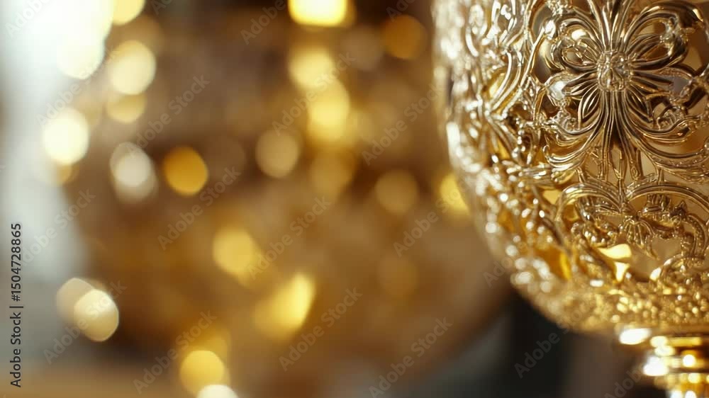 Poster a close-up shot of a golden vase on a table, suitable for use in still life photography or as a deco