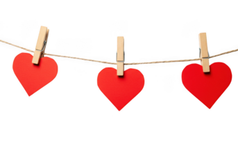 Valentine hearts hanging on string with clothespins decoration on transparent background