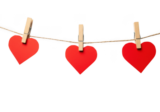 Valentine hearts hanging on string with clothespins decoration on transparent background