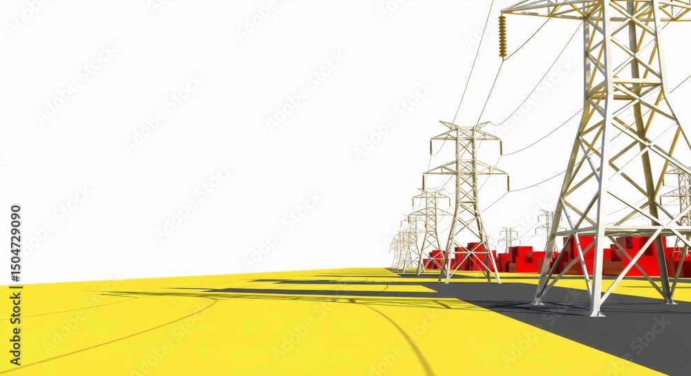 Poster row of high voltage power lines with electrical towers in a minimalist 3d render. energy grid concep