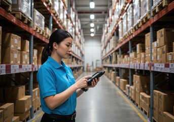 Warehouse worker operating handheld inventory scanner