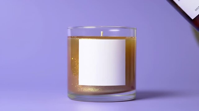 Decorative Candle in Glass Jar with Blank White Label on Purple Background Perfect for Branding