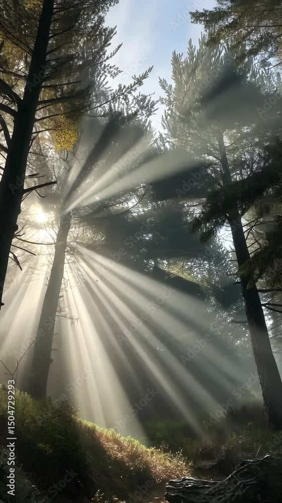 Poster sunlight casting rays through a misty forest. vertical