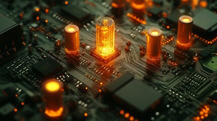 Illuminating pathways: close-up view of a complex circuit board with glowing components