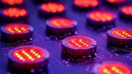 Close-up of a printed circuit board with glowing red LED components in a pattern