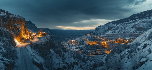 Winter Majesty: A Snowy Valley Illuminated by Twilight and Mountain Lights