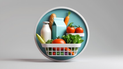 modern, circular icon representing the Supermarket category for a mobile shopping app. Inside the circle, include a neat arrangement of grocery items such as a carton of milk, a fresh loaf of bread