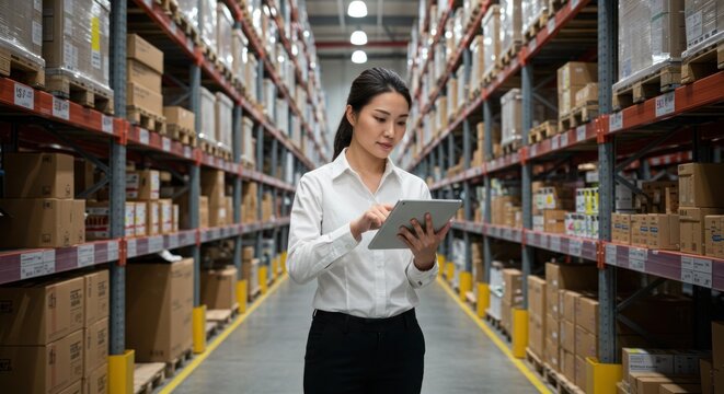 Warehouse worker using tablet for inventory management