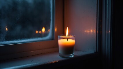 A small candle flickering gently on a windowsill at night. Its soft, warm glow contrasts with the darkness outside, casting subtle reflections on the glass. The window is slightly fogged