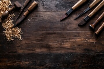 Woodworking tools and wood shavings arranged on a dark brown wooden surface