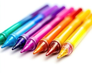 Colorful markers and glitter pens arranged neatly, isolated on a white background for an artistic and playful design