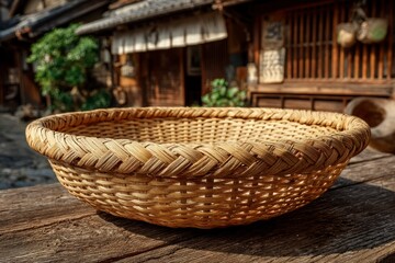 Handwoven Basket on Rustic Wooden Table with Traditional Background