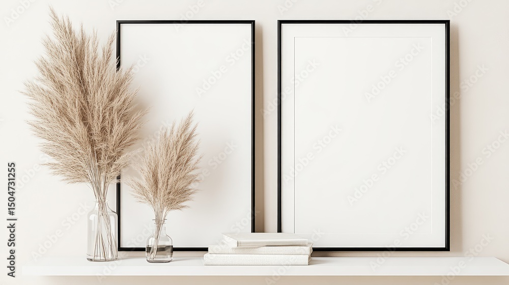 Poster two empty picture frames with pampas grass in vases on a shelf.