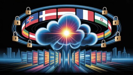 Secured cloud computing with international flags and padlocks for data privacy and protection online