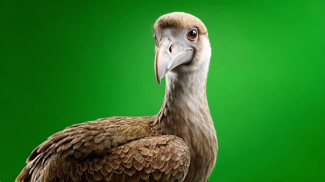 Dodo bird portrait: An image showing the dodo bird on green background. The bird looking towards the camera, the color of the feathers and details stand out vividly.