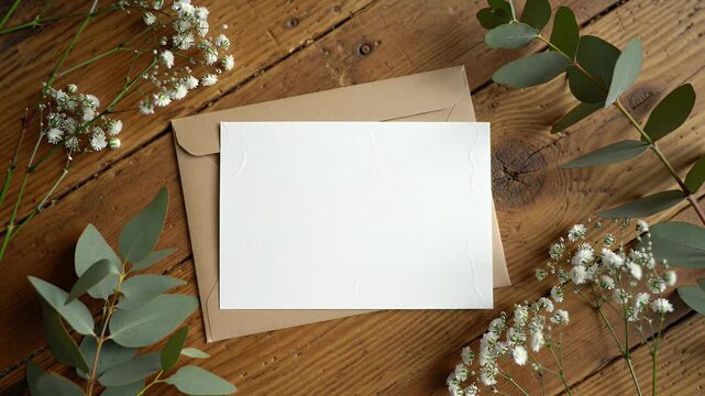 Greeting Invitation Card Mockup with Baby's Breath and Eucalyptus on Rustic Wooden Table with Natural Light in Top Down Shot