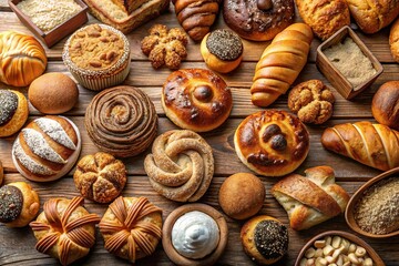 Assorted delicious baked goods on rustic wooden table