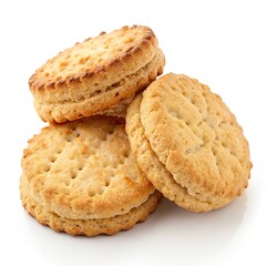 Three delicious golden brown filled biscuits stacked on white background