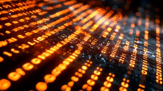 Digital landscape of glowing orange binary code flows across a dark surface, creating depth with blurred bokeh lights