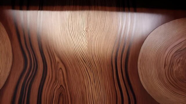 Abstract close-up of a wooden surface with prominent grain and texture, showing rich brown tones and unique patterns in natural materials