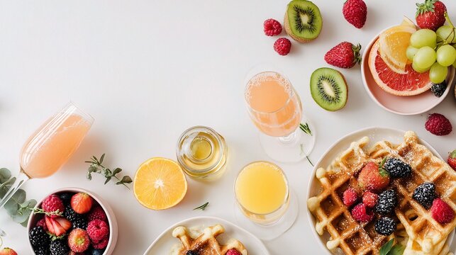 Flat Lay of Weekend Brunch Items with Waffles and Fresh Fruit