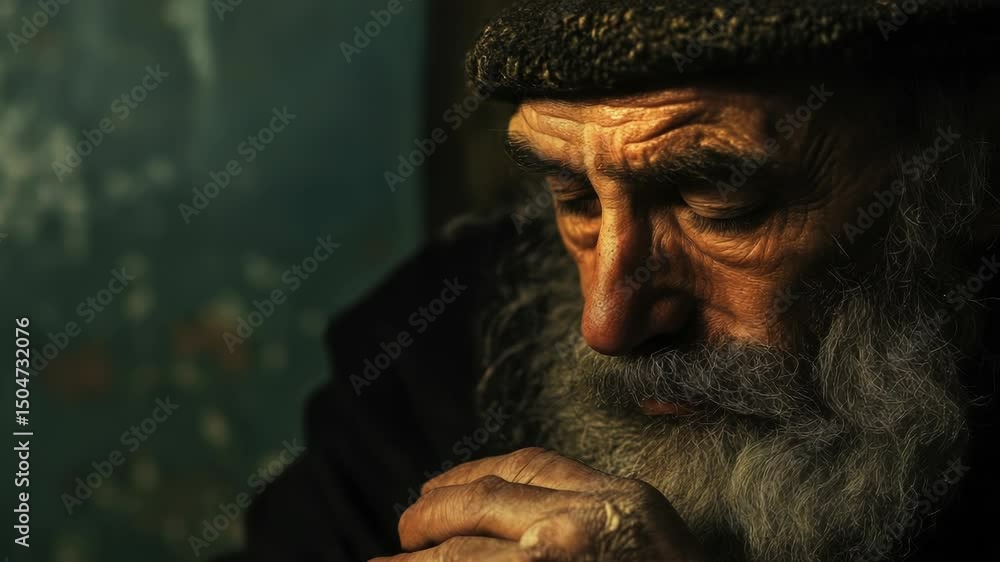 Poster A close-up of a man wearing a beard and hat, suitable for use in portraits or editorial features