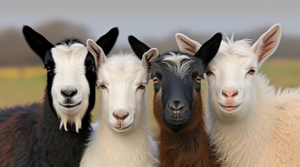 Fototapeta premium Group of four goats showcasing various colors and expressions in a natural setting