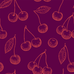 Seamless pattern with cherry in sketchy hand-drawn monochrome style. Vector illustration.