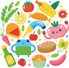 Vibrant Fruits, Vegetables, and Baked Goods A Delightful Collection of Healthy and Delicious Food Illustrations