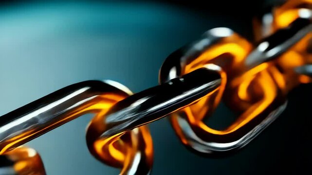 Metal chain links glowing with warm light on dark background depicts strength and unbreakable connections in macro detail