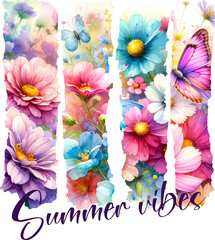 Brush strokes shape Delicate “Summer Vibes” sublimation design with blooming florals and butterflies—perfect for t-shirts, mugs, and soft seasonal DIY craft projects.