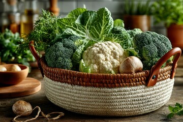 Fresh Produce in a Woven Basket A Vibrant Collection of Vegetables for Healthy Eating and Culi